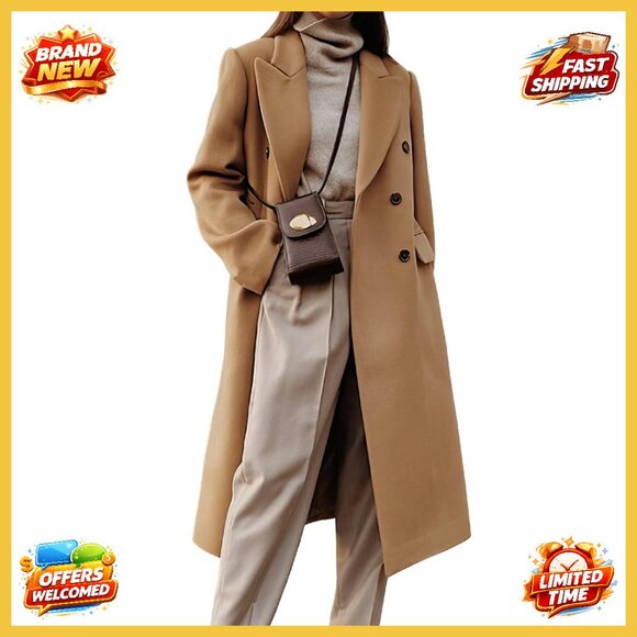 Long Wool Double Breasted Trench Coat Classic Elegant Fall Winter Peacoat